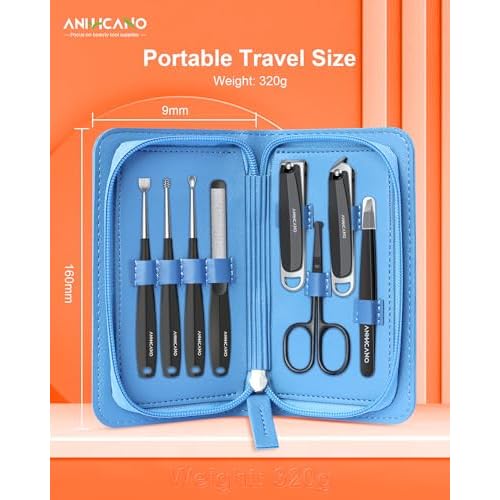 Manicure & Pedicure Kit for Men & Women, ANIHICANO 8-in-1 Premium Stainless Steel Personal Care Tools Set with PU Leather Case, Travel-Friendly for Home & Professional Use (Black)