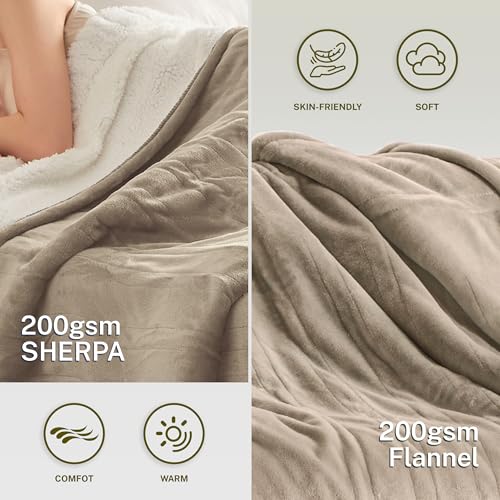 Electric Blanket 72x84 Full Size Reversible Flannel & Sherpa Light Brown - 10 Heat Settings, 12 Timer, Auto-Shut Off