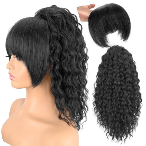 20 Inch Black Curly Ponytail Extension with Bangs - Drawstring Wavy Hairpiece for Women