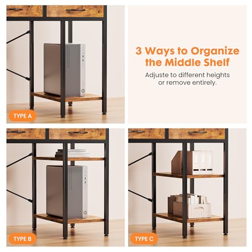 Sweetcrispy Rustic Brown 55-Inch Computer Desk with 6 Fabric Drawers & Adjustable Shelves