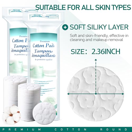 Premium Cotton Rounds for Face, 800 Count Makeup Remover Pads,100% Pure & Natural Facial Cleansing Round Pads for Makeup Removal, Nail Polish Remover (Green-8PCS)