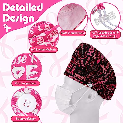 Jadive 6 Pcs Scrub Bouffant Caps with Buttons for Women & Men - Pink, Black, White