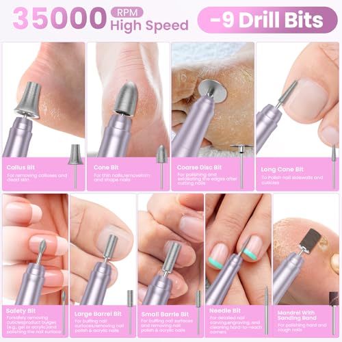 Cordless Nail Drill with LCD Display - 35000RPM Rechargeable Manicure & Pedicure Tool - Purple