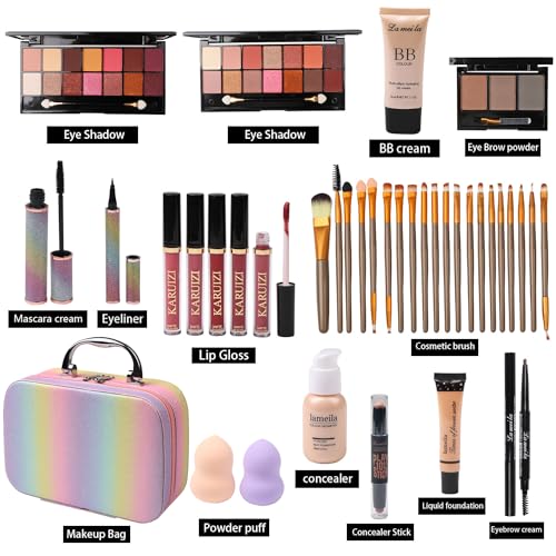 All In One Makeup Set with Rainbow Cosmetic Case - Makeup Gift Set for Women & Girls