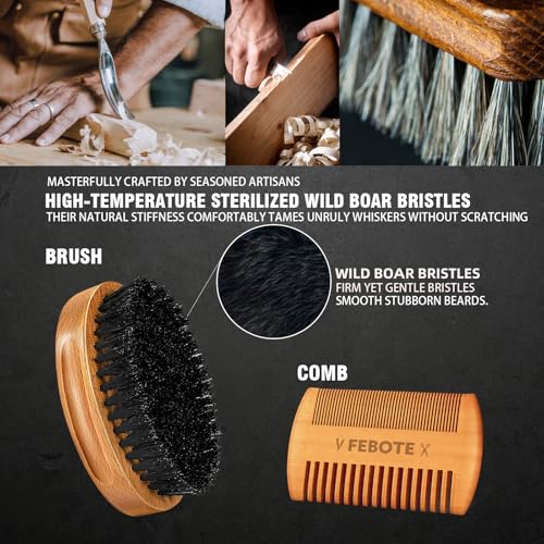 Men's Beard & Hair Straightener Kit with Natural Boar Bristle Brush, Pear Wood Comb & Travel Bag