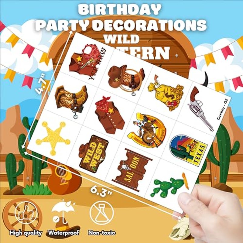 96 PCS Western Cowboy Pre-Cut Temporary Tattoos for Kids First Themed Birthday Party Supplies Favors Decorations 8 Sheets Super Cute Fake Tattoo Stickers Gifts For Boys Girls School Rewards