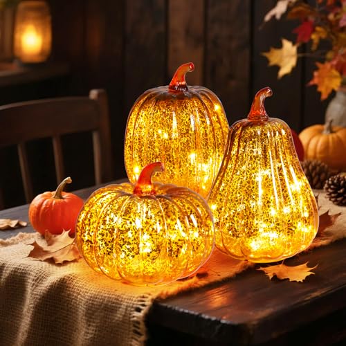 Orange Mercury Glass Pumpkin Light Set - 3 Pack Fall Halloween Porch Decor