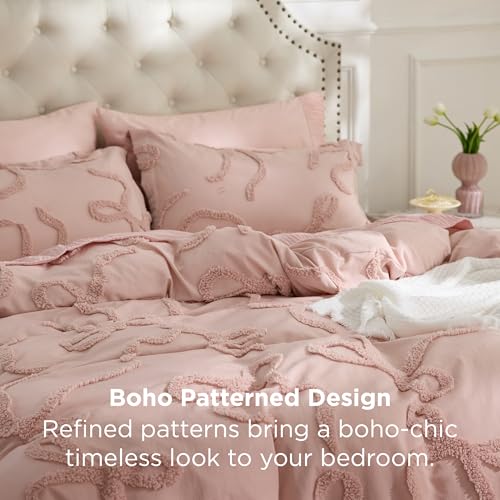Full Size Pink Comforter Set with Bow Embroidery – 3 Pieces Tufted Rose Pink Bedding