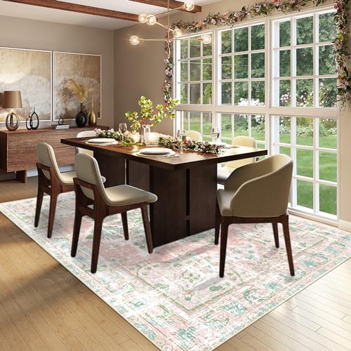 Dusty Pink Boho Area Rug 6x9 Washable Non-Slip Modern Carpet for Living Room
