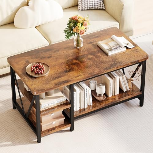 Farmhouse Coffee Table with Storage - 39.3-inch Rustic Industrial Design