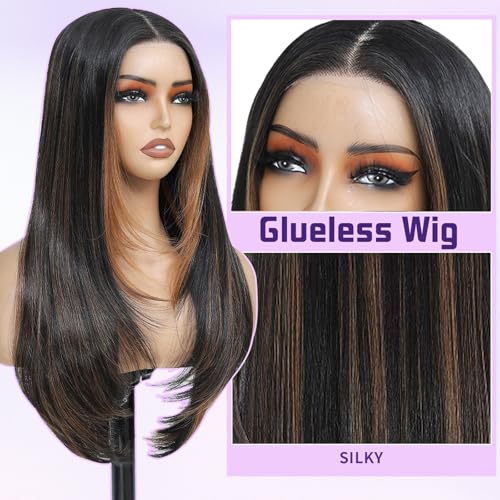 KPROYU Synthetic Lace Front Wig 26 Inch Long Straight Layered Honey Blonde with Black Skunk Stripe Glueless HD Lace for Black Women