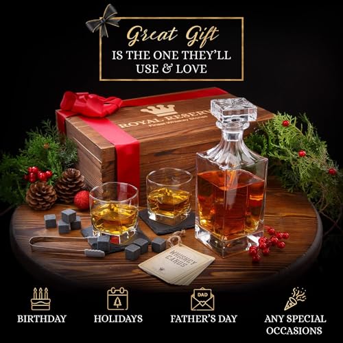 Whiskey Decanter Set with Glasses and 33.8 Ounce Capacity - Bourbon & Whiskey Stones