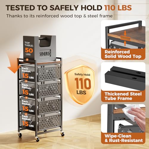 Black 5-Tier Kitchen Storage Cart with Wheels, Pull-Out Baskets & Wood Top