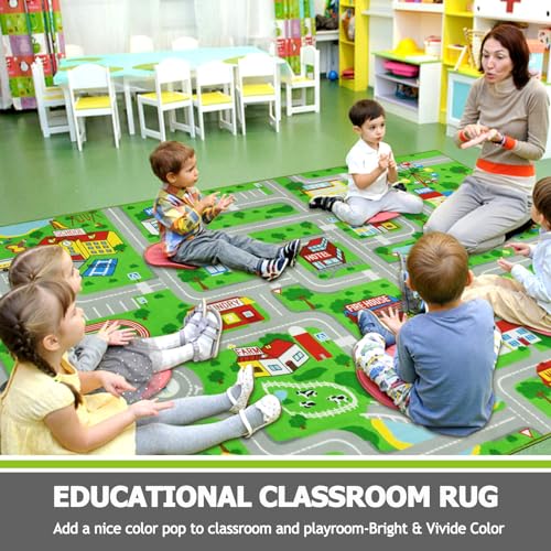 Kids Traffic Road Playmat Carpet - Non-Slip City Map Rug for Toddler Playroom, 6.6'x9.8' Green