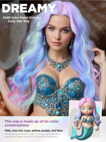 WIGER Multicolor Long Wavy Rainbow Wig 24 Inch Cosplay Costume Hair for Women Girls