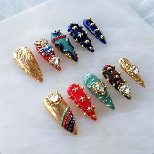 Luxury Handmade Press On Nails, Vintage Bohemian Style, Long Stiletto Shape, Crystal Heart Gems, Gold Stars Design, 10 Pieces (Small, LS)