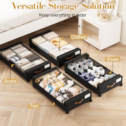 Yecaye Black 60L Under Bed Storage with Wheels - 4 Pack