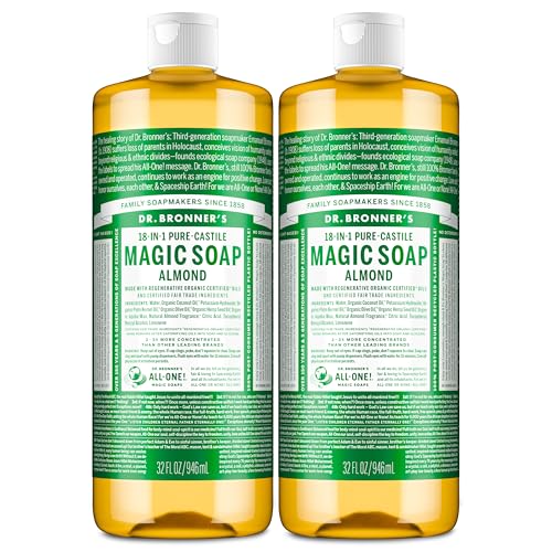 Dr. Bronner's Pure-Castile Magic Liquid Soap (Almond, 32 Ounce, 2-Pack)- Made with Regenerative Organic Certified Oils, 18-in1 Uses: Face, Hair, Hand & Body Soap, Laundry, Pets- Concentrated, Vegan