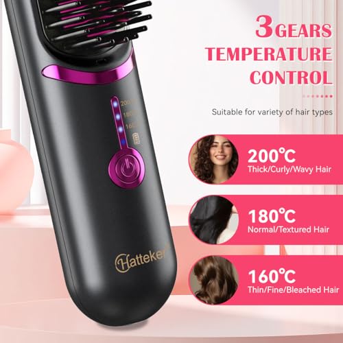 Hatteker Cordless Hair Straightener Brush Black – Portable Travel Flat Iron & Comb