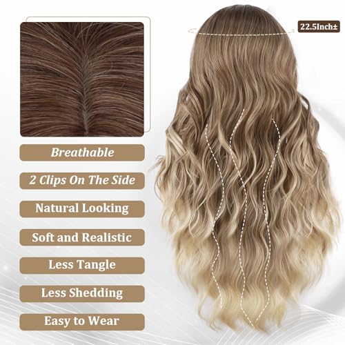 Ombre Blonde Curly Wigs with Bangs - Long 26 Inch Synthetic Heat-Resistant Hair for Women