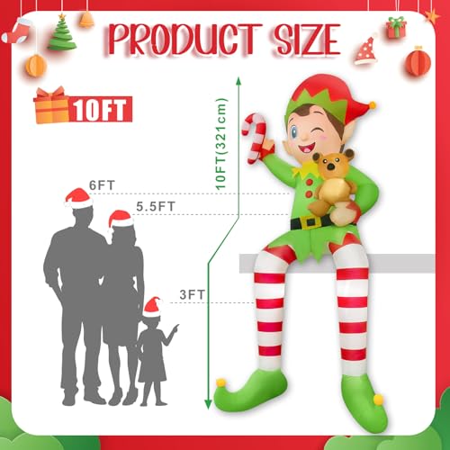 10FT Outdoor Christmas Inflatable Elf with LEDs & Stable Setup - Yard Decor