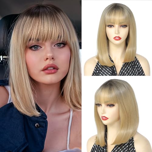 Short Straight Bob Wig with Bangs - 14 Inch Ombre Blonde Synthetic Hair Wig for Women, Heat Resistant, Natural Look, Party & Daily Use