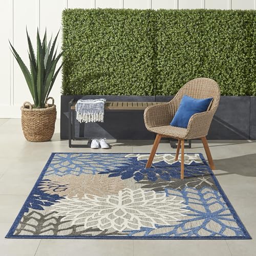 Outdoor Indoor Floral Area Rug 6x9 Blue Multicolor Non-Shedding Textured