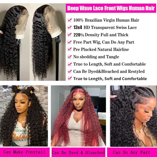 20 Inch Deep Wave Lace Front Human Hair Wig 220% Density Black for Women