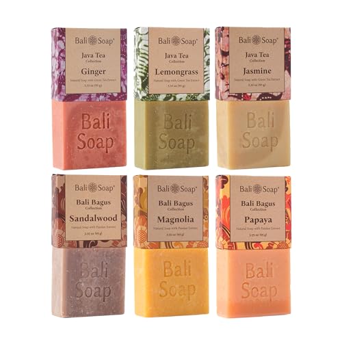 Natural Hand & Body Soap Set - Bali Soap 6 Pack with Jasmine, Lemongrass, Ginger, Magnolia, Papaya & Sandalwood - 3.5 Ounce Bars