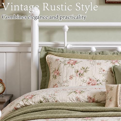 White Full Size Metal Platform Bed Frame with Headboard Victorian Style
