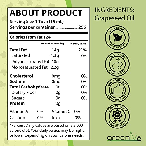 GreenIVe Grapeseed Oil Organically Grown 100% Pure Cold Pressed Light Flavor High Tempurature Cooking (128 Fl Oz (Gallon))