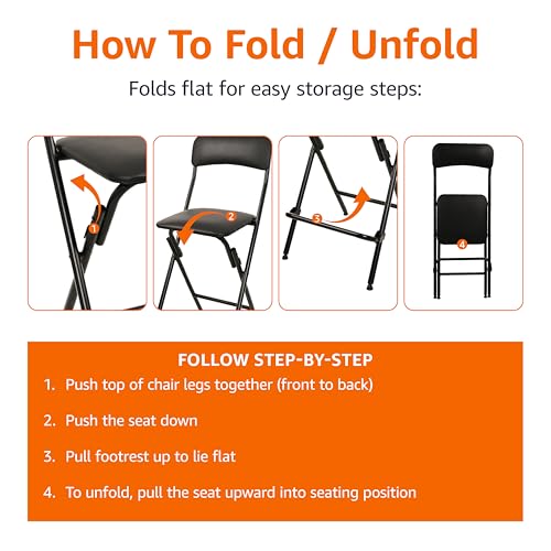 2 Pack Folding Bar Stools with Footrest, 24" Black Portable Seat Set of 2