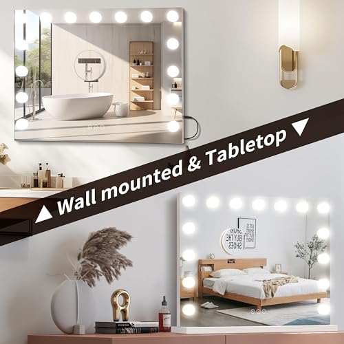 Vanity Mirror with Lights Lighted Makeup Mirror with 15 Dimmable LED Bulbs,3 Color Lighting Modes,USB Charging Port Touch Control,Sturdy Metal Frame Design,White