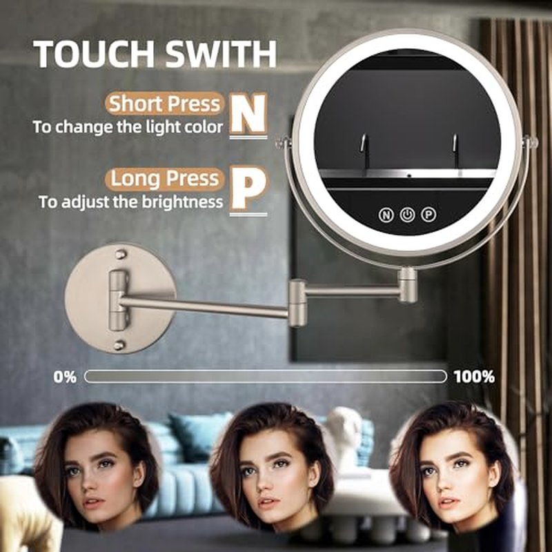 9" Wall Mounted Lighted Makeup Mirror with Magnification, 1X/10X Magnifying Mirror with Light, 3 Color LED 2000mAh Rechargeable Light Up Magnifying Nickel Extendable