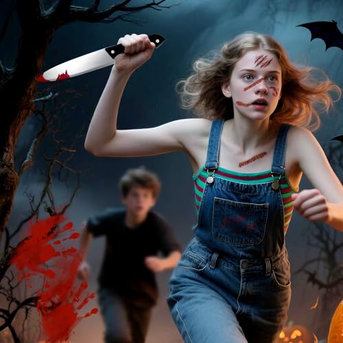 Halloween 12.2" Fake Knife Prop & 10 Sheets Realistic Fake Stitches Temporary Tattoo Set, Horror Chucky Costume Zombie Vampire Makeup Prank Props Cosplay Accessories for Kids Adults