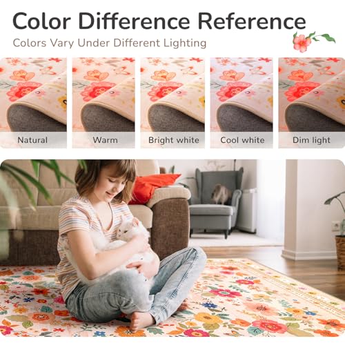 Washable Floral Area Rug 6x9 Pink Beige - Non-Slip, Machine Washable Living Room Decor
