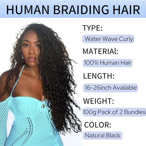 Hunt Charm Water Wave Human Braiding Hair 16inch Boho Curly Extensions 100g - Natural Color