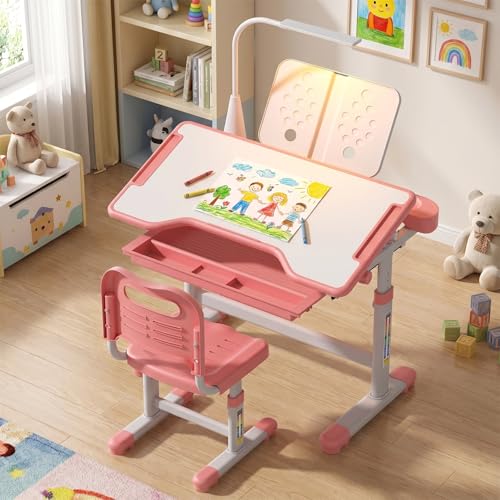 Kids Desk and Chair Set with Adjustable Height & Tiltable Desktop, Art & Study Table for Ages 3-12