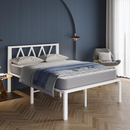 Full Size Bed Frame with Headboard - White Metal Platform, 18 Inch Height, Heavy Duty Slats, Easy Assembly, No Box Spring Needed - Variation of This Listing