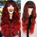 Ombre Red Wavy Wig with Bangs - 26 Inch Synthetic Long Hair for Women