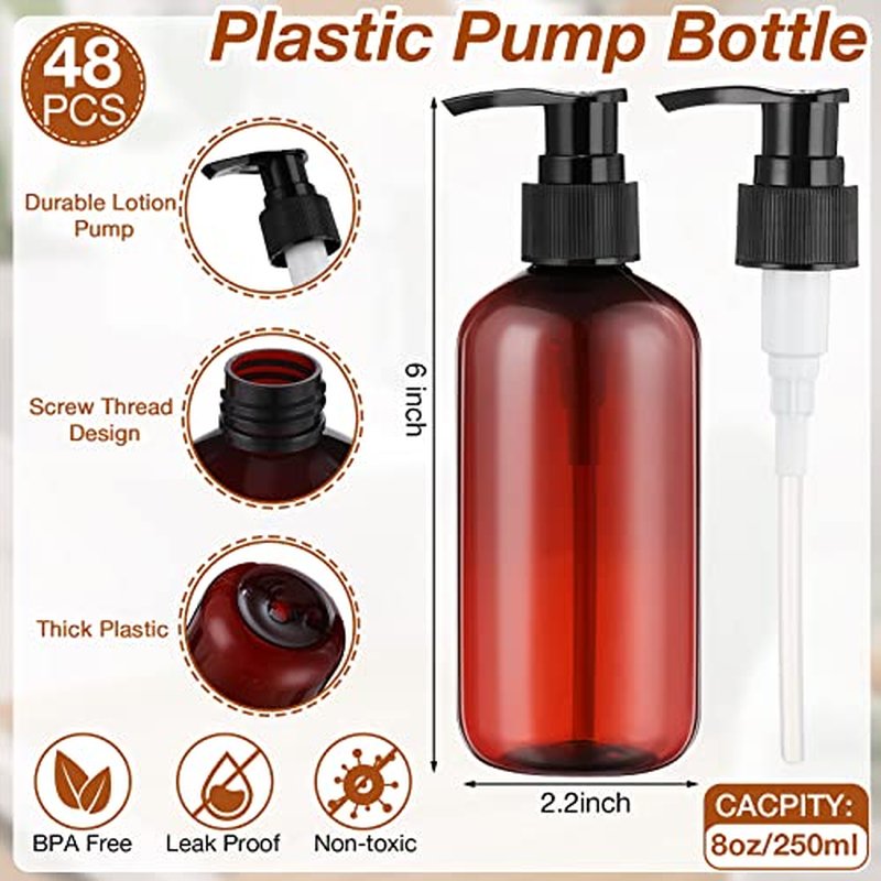 48 Pcs Pump Bottle Lotion Dispenser Refillable Shampoo Conditioner Hand Soap Dispenser Plastic Empty 8oz/250ml Clear Reusable Body Wash Container Bulk (Brown, Black)