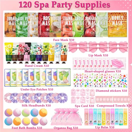Spa Party Supplies Kit for Girls - 120-Piece Sleepover Beauty Set with Masks, Eye Patches & Lip Balms