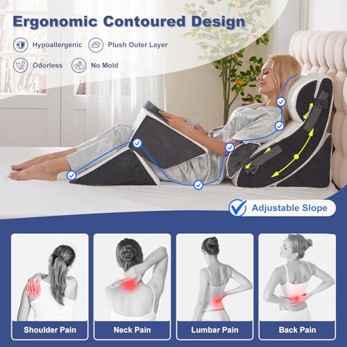 Multi-Functional Bed Wedge Pillow Set - 7-in-1 Orthopedic Support for Back Neck Legs, 6 Pieces White Grey