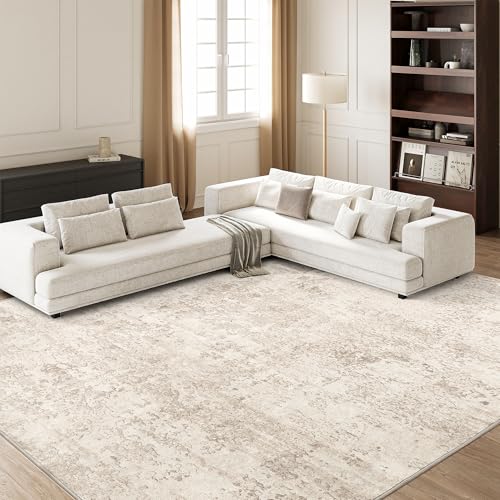 Beige 8x10 Abstract Washable Area Rug for Living Room - Machine Washable, Soft & Stain-Resistant