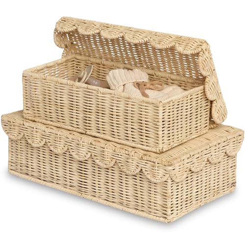 Decorative Storage Boxes with Lid - Natural Rattan, Set of 2, 14x8x4 in