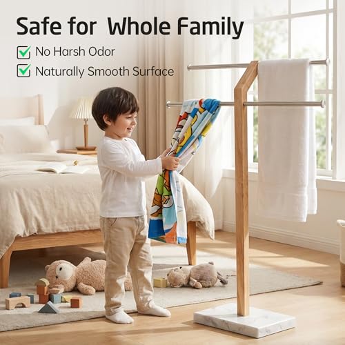 White Marble Adjustable Standing Towel Rack with 3X Thicker Base, 2-Tier, Freestanding Bathroom Organizer