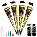 Black Tattoo Cones, Yomagine 4Pcs Black Temporary Tattoo Kit, 100% Natural Ready to Use Tattoo Paste, India Body DIY Art Painting for Women Men Teen with 20 Adhesive Stencils, 1 Bottle, 4Nozzles
