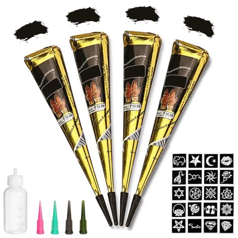 Black Tattoo Cones, Yomagine 4Pcs Black Temporary Tattoo Kit, 100% Natural Ready to Use Tattoo Paste, India Body DIY Art Painting for Women Men Teen with 20 Adhesive Stencils, 1 Bottle, 4Nozzles