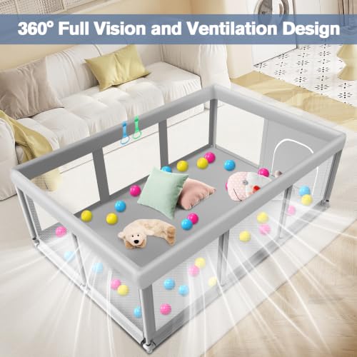 Large Baby Playpen 74x50x27 Inches with Soft Mesh, Anti-Slip Base - Grey