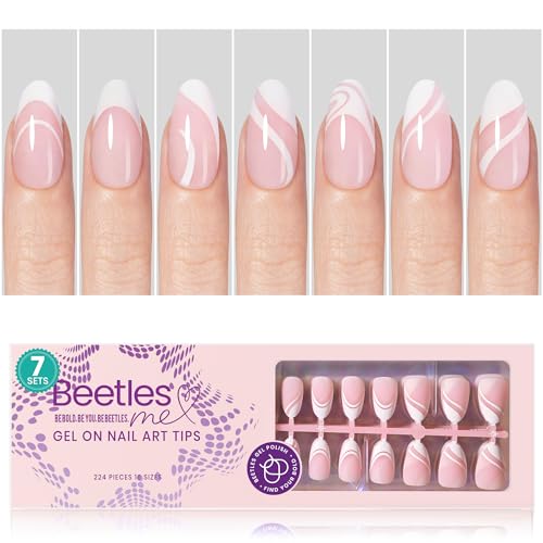 Beetles French Tip Press On Nails 224 Pcs Short Almond Pink Press On Nails 4 in 1 Gel Nail Tips Pre-Applied Primer and Base Coat, No File Need DIY Manicure Easy False Nail Tips for Nail Extension